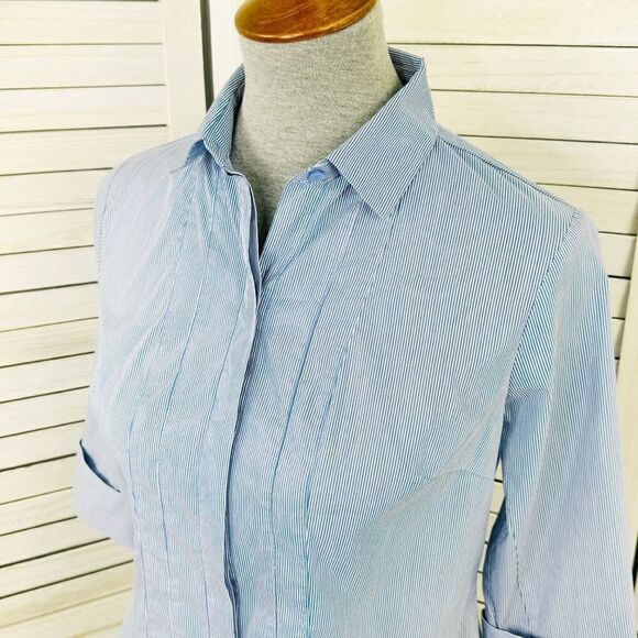 Worthington Petite Striped Faux Pleat Button Front Shirt Blue White Small - Picture 5 of 12
